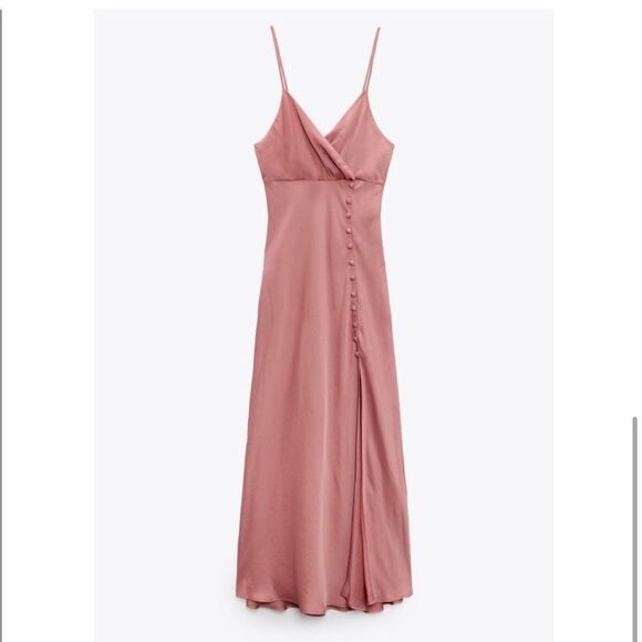 ZARA Silk Light Pink Midi Dress With Slit and buttons size medium - Picture 5 of 15